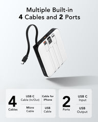 Portable Charger with Built-in Cable, 10000mAh 22.5W Fast Charging USB C Battery Pack