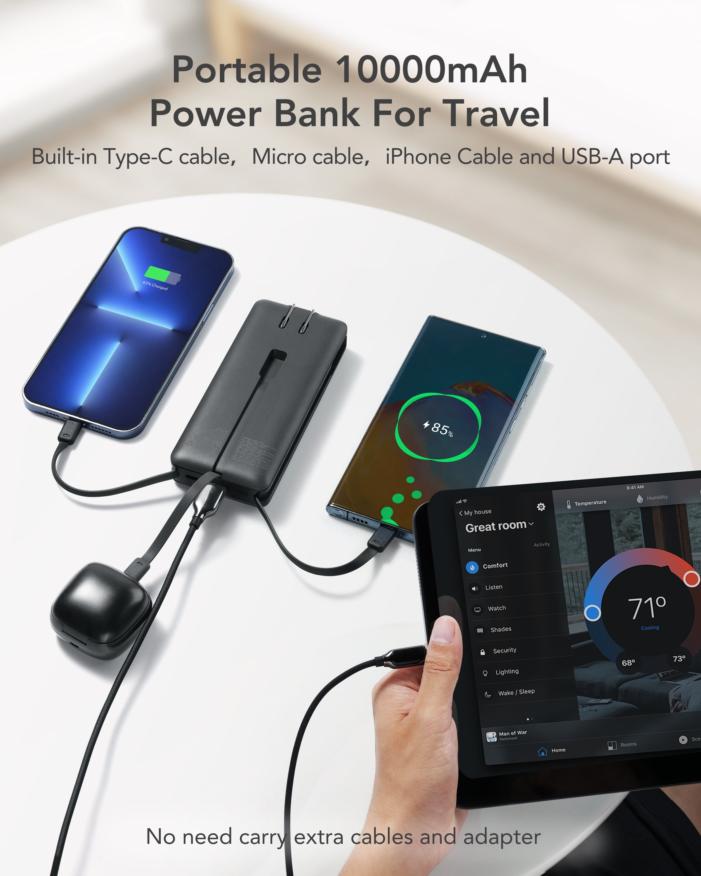 10000mAh Portable Charger with Built-In Cables and AC Wall Plug - vrurc